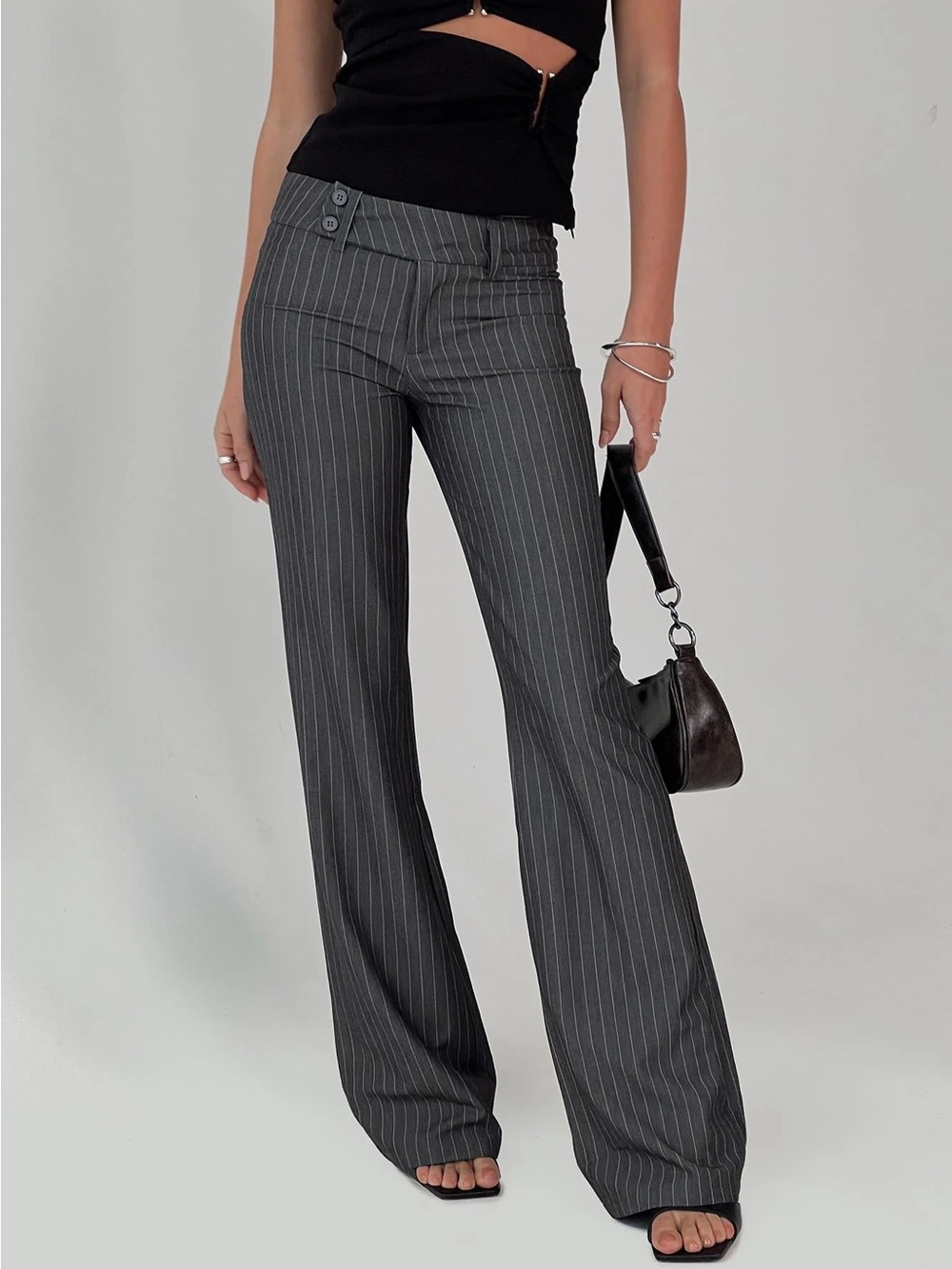 NWT Princess Polly Charcoal Gray Pinstripe Flare Pants (Size US 6)